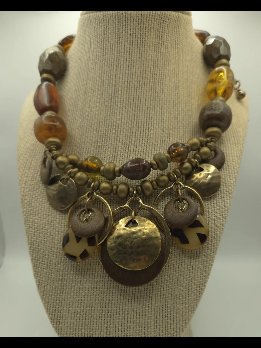 Chico's Multi-Media Bead Amber Brass Disc Brown Layered Necklace Rustic Boho Art